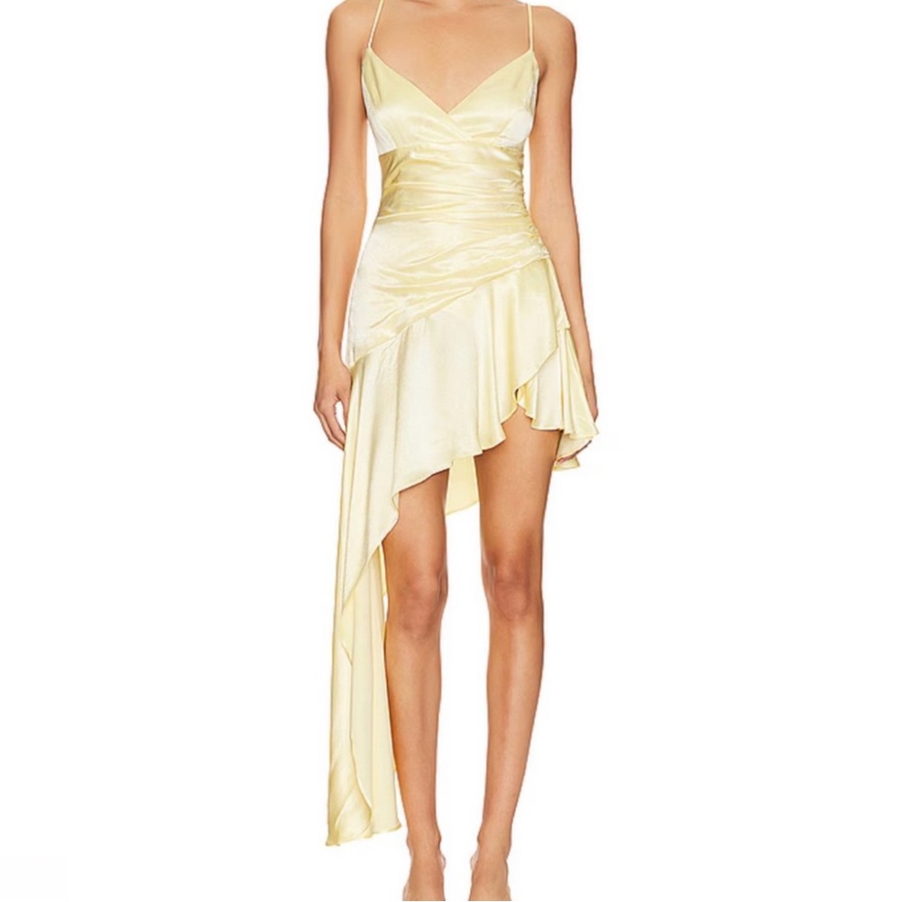 Revolve Bardot Elegant Yellow Asymmetrical Dress